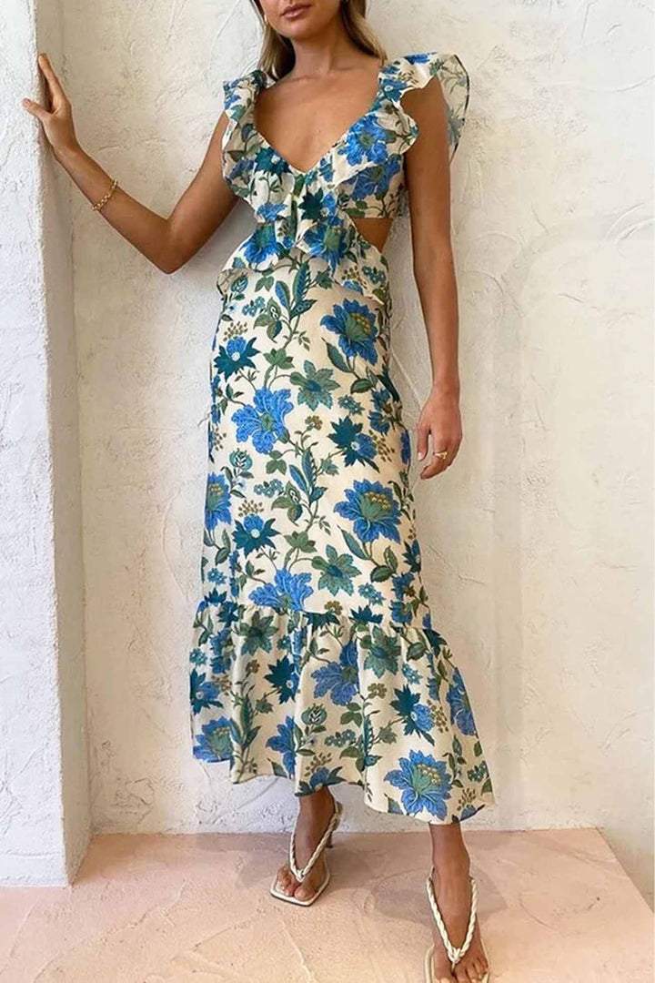 Beautiful women's summer floral maxi dress featuring charming ruffles and a comfortable fit.