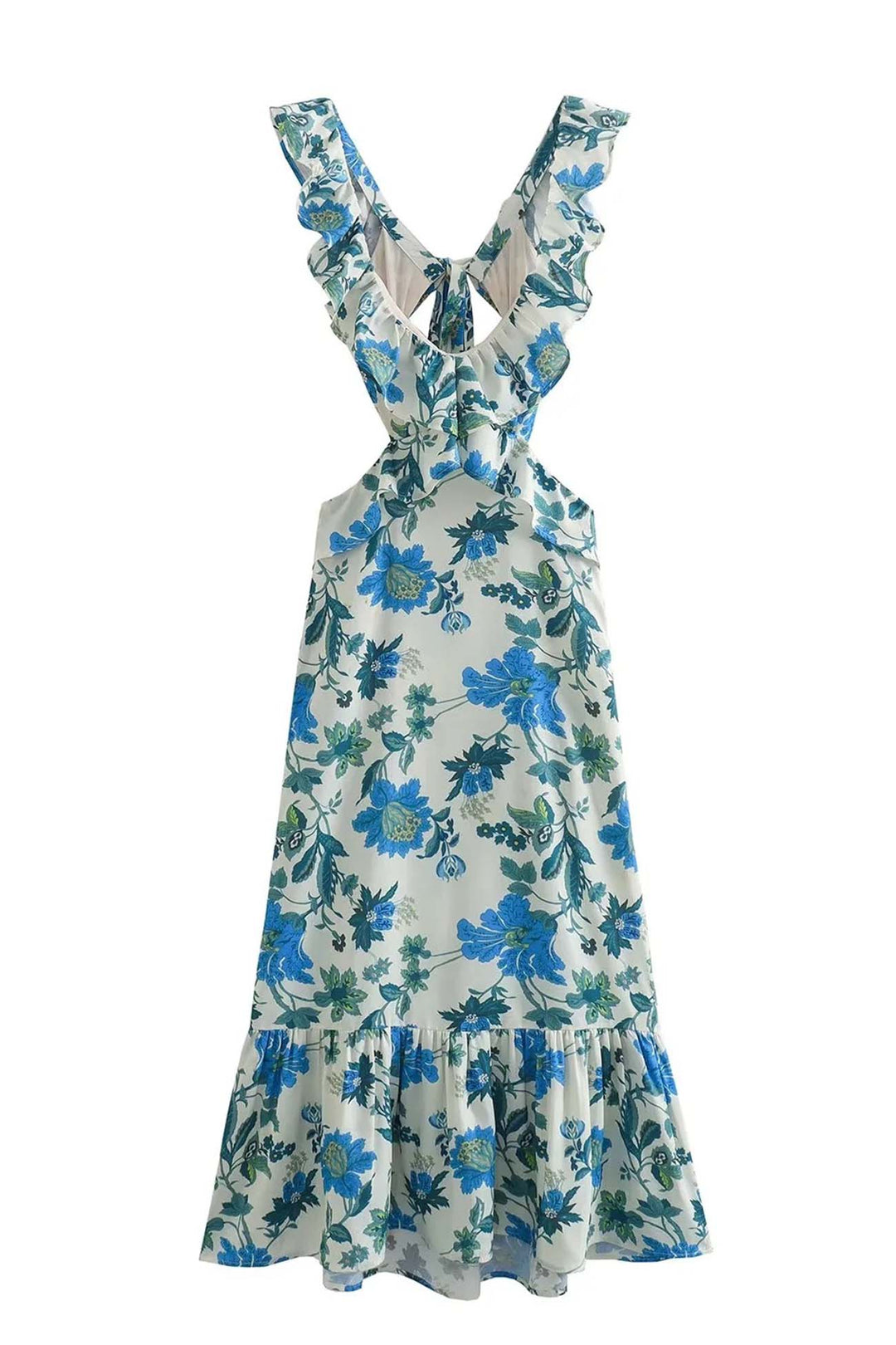 Stylish women's elegant ruffle maxi dress in a vibrant floral print, suitable for various events.