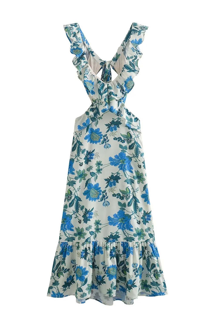 Stylish women's elegant ruffle maxi dress in a vibrant floral print, suitable for various events.