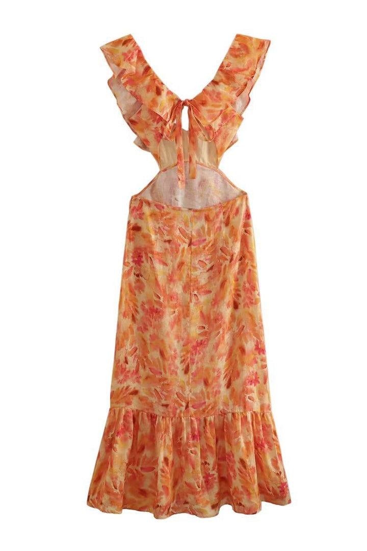Back view of a women's floral ruffle maxi dress, showcasing its elegant drape and design.