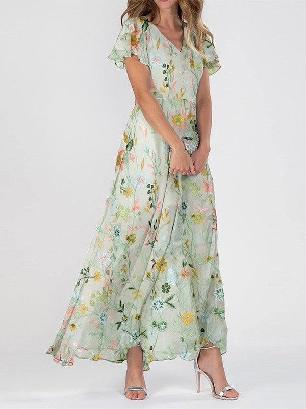 Elegant women's floral print V-neck maxi dress, perfect for summer casual or semi-formal occasions