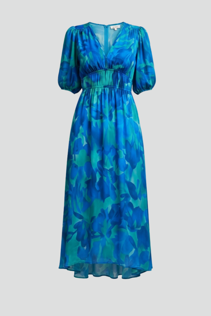 Elegant women's floral puff sleeve V-neck midi dress, perfect for summer fashion.