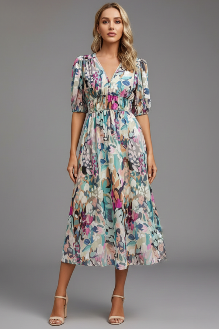 Stylish women's puff sleeve V-neck midi dress in a charming floral pattern for any occasion.