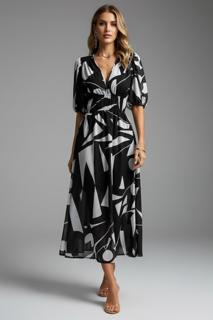Comfortable women's floral midi dress with trendy puff sleeves and a chic V-neck design.