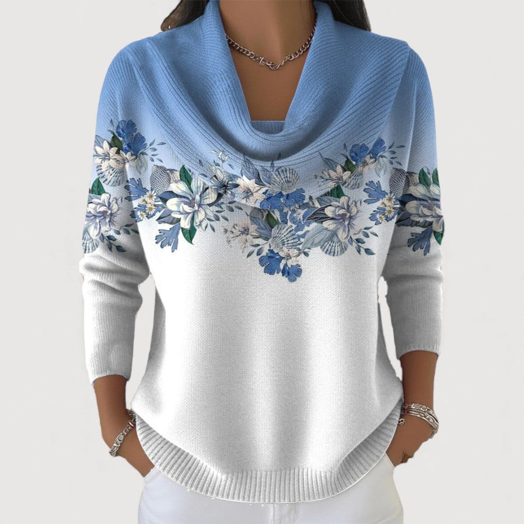 Elegant women's floral pullover sweater with a soft drape. Perfect for cozy winter fashion and everyday chic comfort.