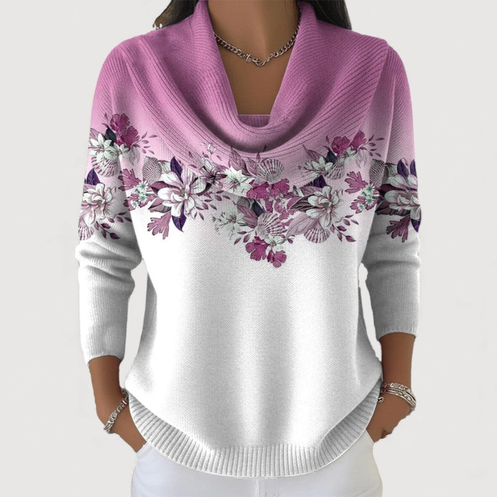 Chic women's floral pullover sweater featuring an elegant pattern. Ideal for stylish winter fashion & comfort.
