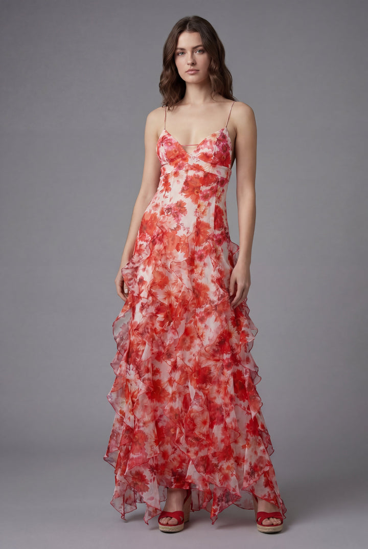 Elegant women's floral ruffle maxi dress with delicate spaghetti straps and alluring open back, perfect for summer occasions.