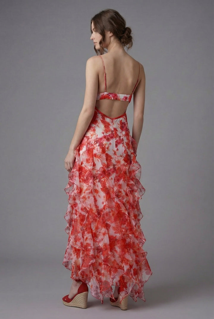 Chic women's floral ruffle V-neck maxi dress with thin spaghetti straps and stylish backless design for elegant parties.