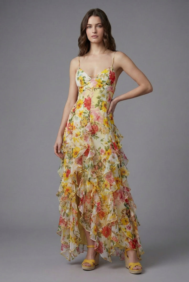 Vibrant floral print women's maxi dress with playful ruffles, spaghetti straps, and an open back for a breezy summer look.