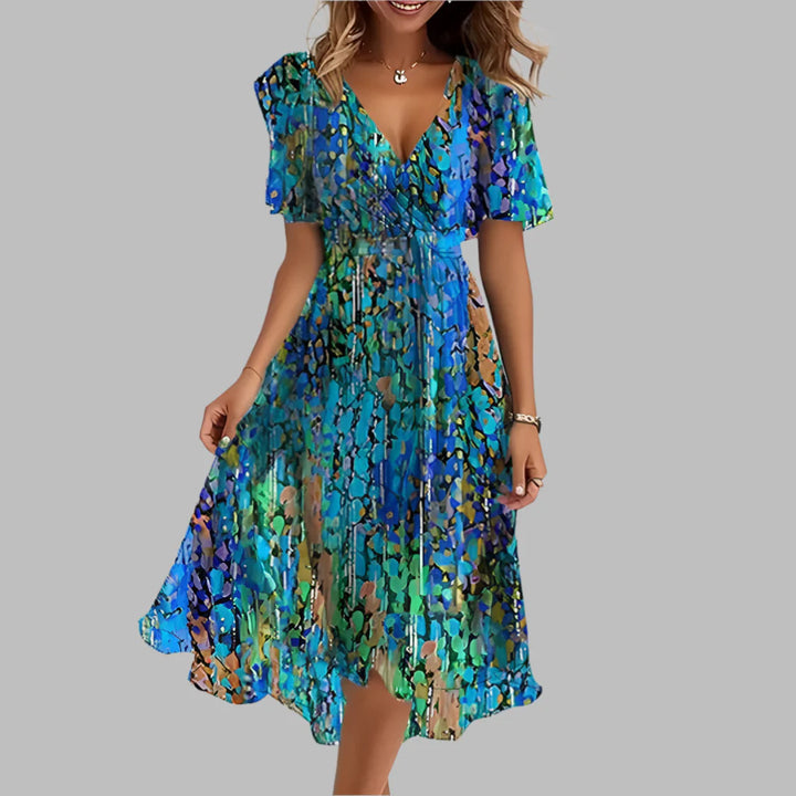 Elegant women's floral satin midi dress with sweetheart neckline & puff sleeves, perfect for summer events.
