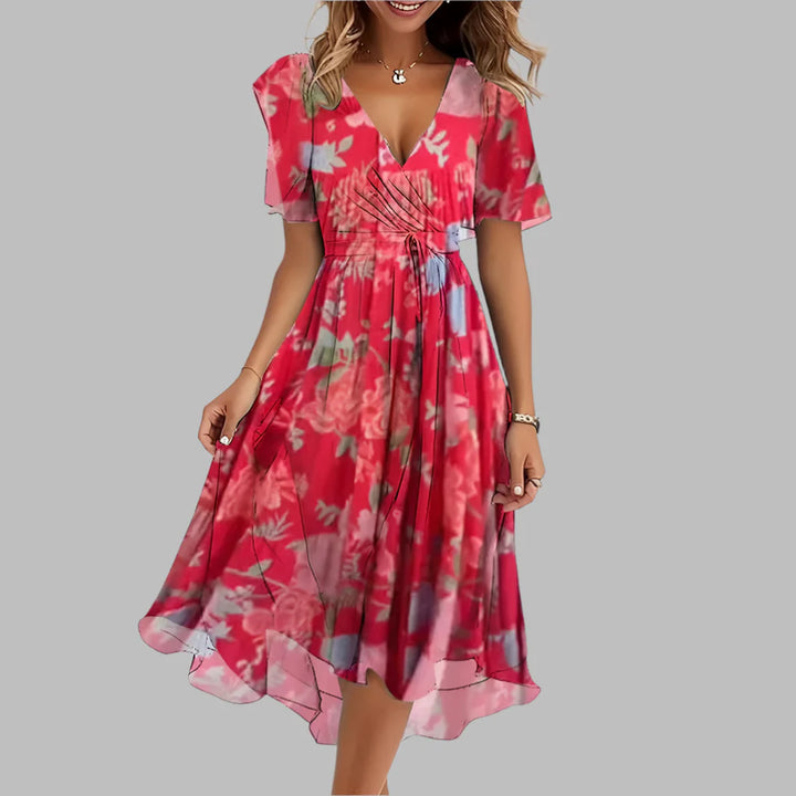 Women's elegant floral print midi dress with ruched details, puff sleeves, and a satin finish.