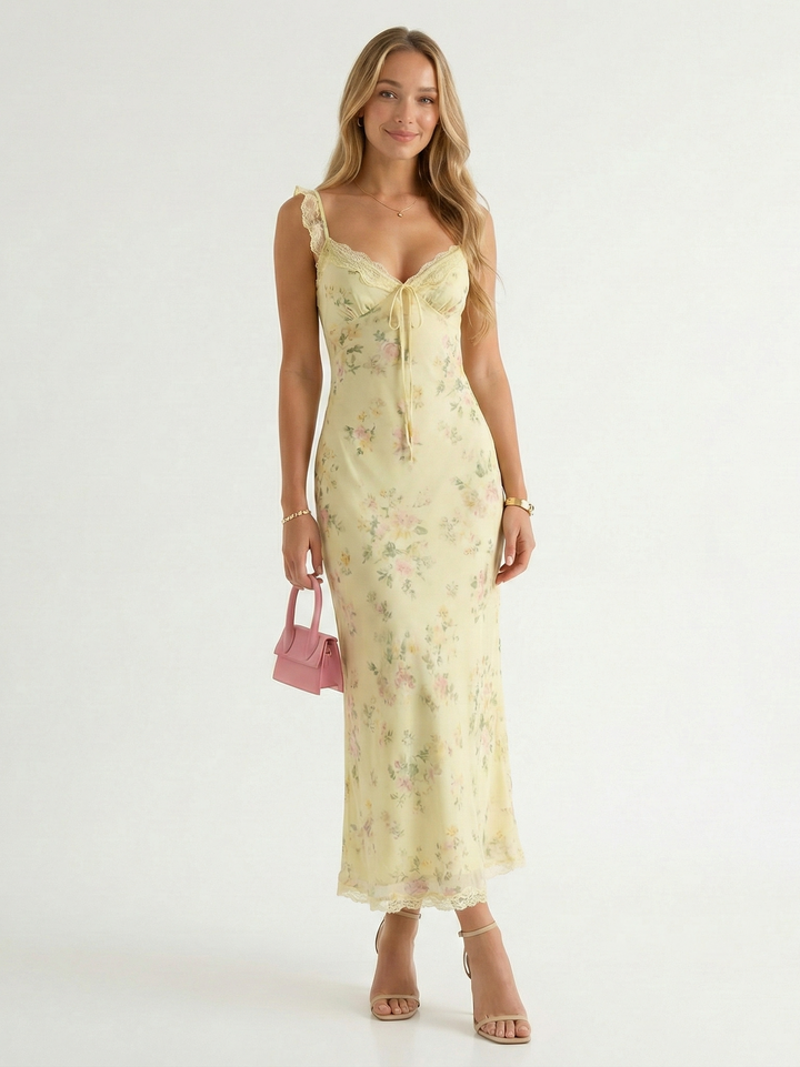 Elegant women's floral spaghetti strap midi dress, backless design, perfect for summer parties & resort wear.