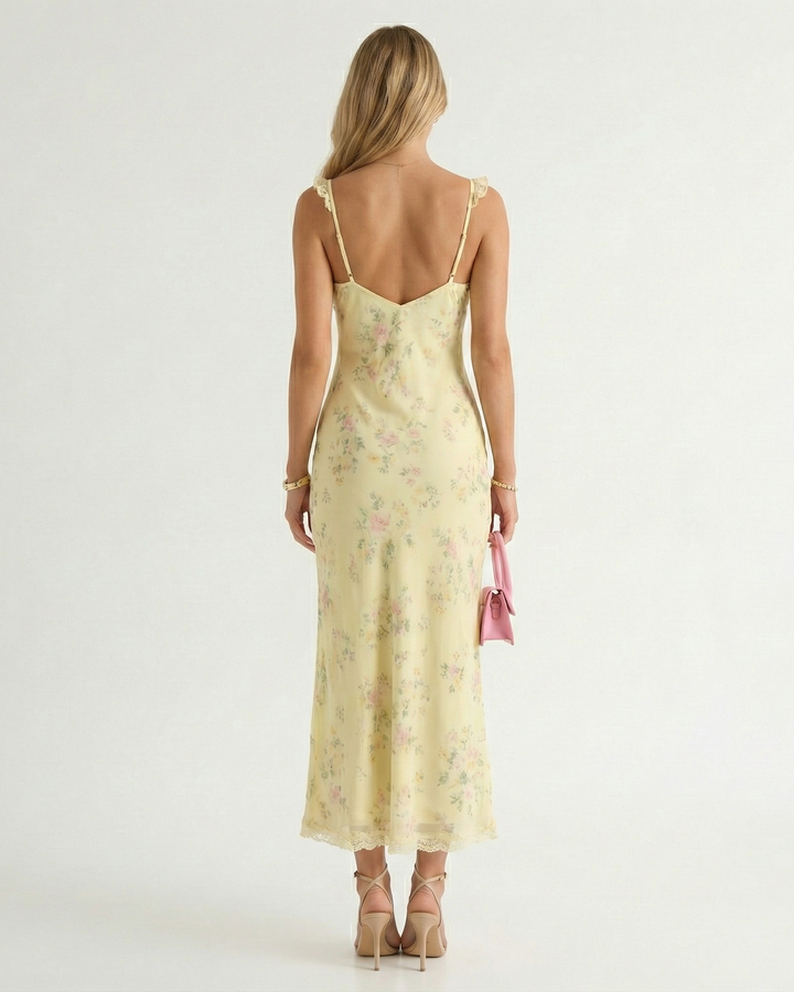 Chic women's backless floral midi dress with spaghetti straps, ideal for beach vacations & elegant summer wear.