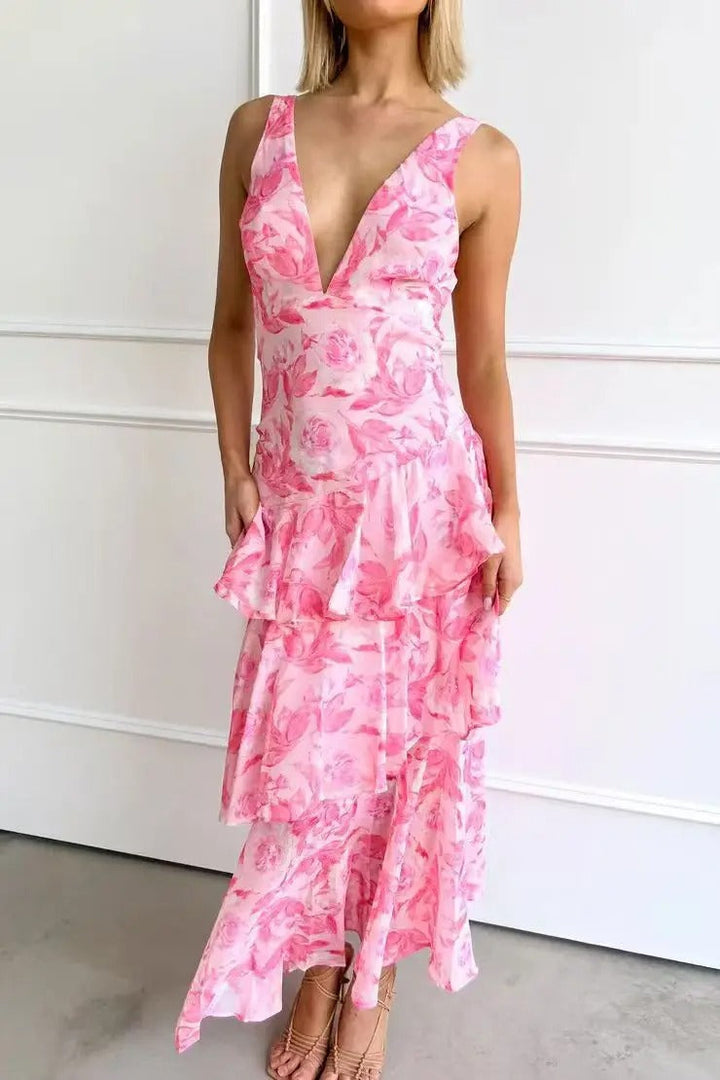 Sophisticated women's floral tiered maxi dress with flattering silhouette
