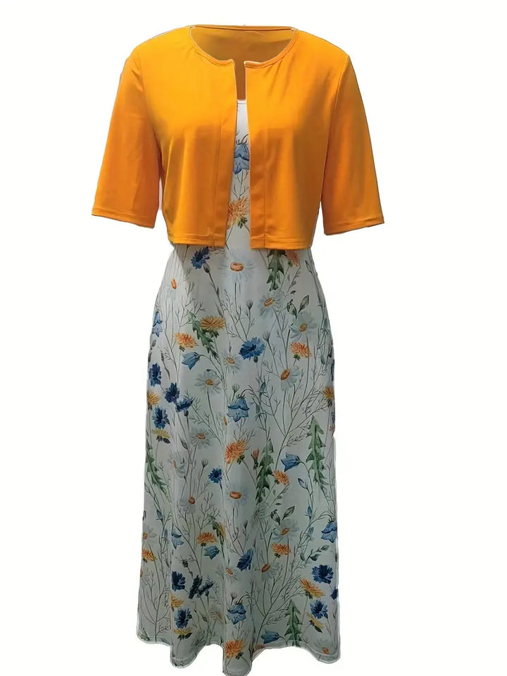 Chic women's floral two-piece dress set; an elegant and casual summer outfit featuring a crop top.