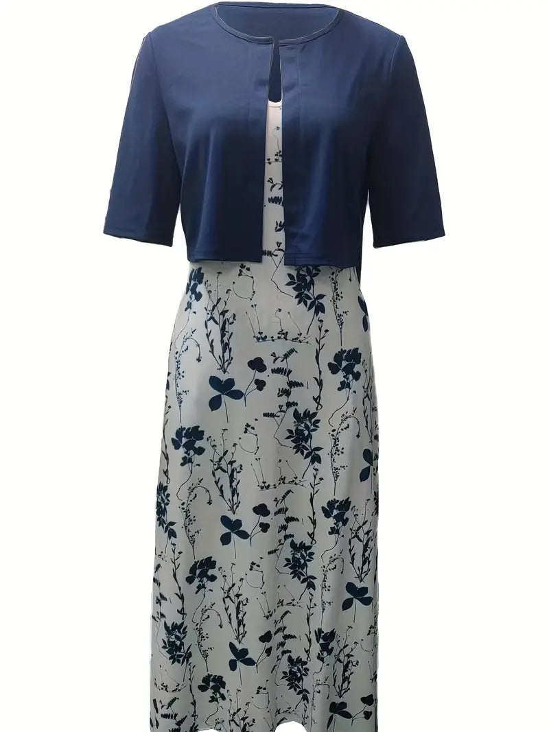 Versatile women's floral two-piece dress set; elegant crop top and midi skirt for chic summer occasions.