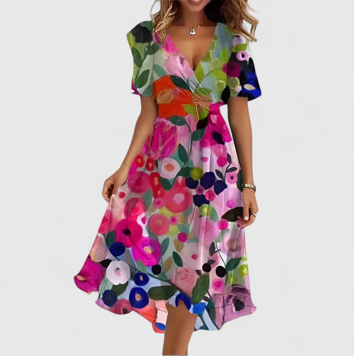 Vibrant floral print women's midi dress with a flattering V-neck, great for elegant summer fashion.