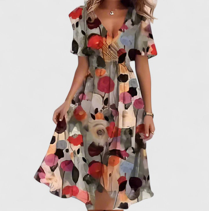 Flowy women's floral midi dress, a comfortable V-neck design perfect for summer casual or occasion wear.