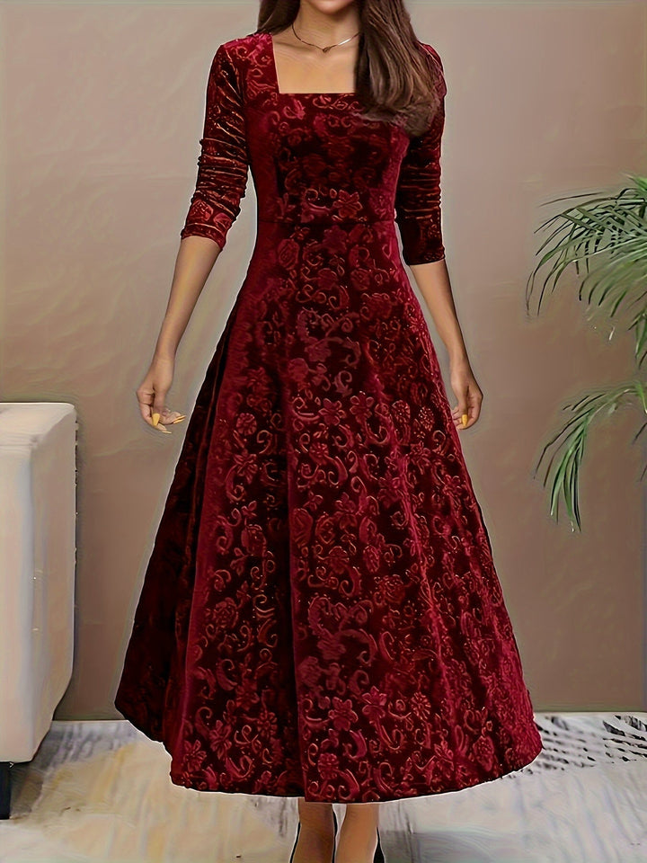 Elegant women's floral velvet midi dress with 3/4 sleeves, perfect for evening wear & special occasions.