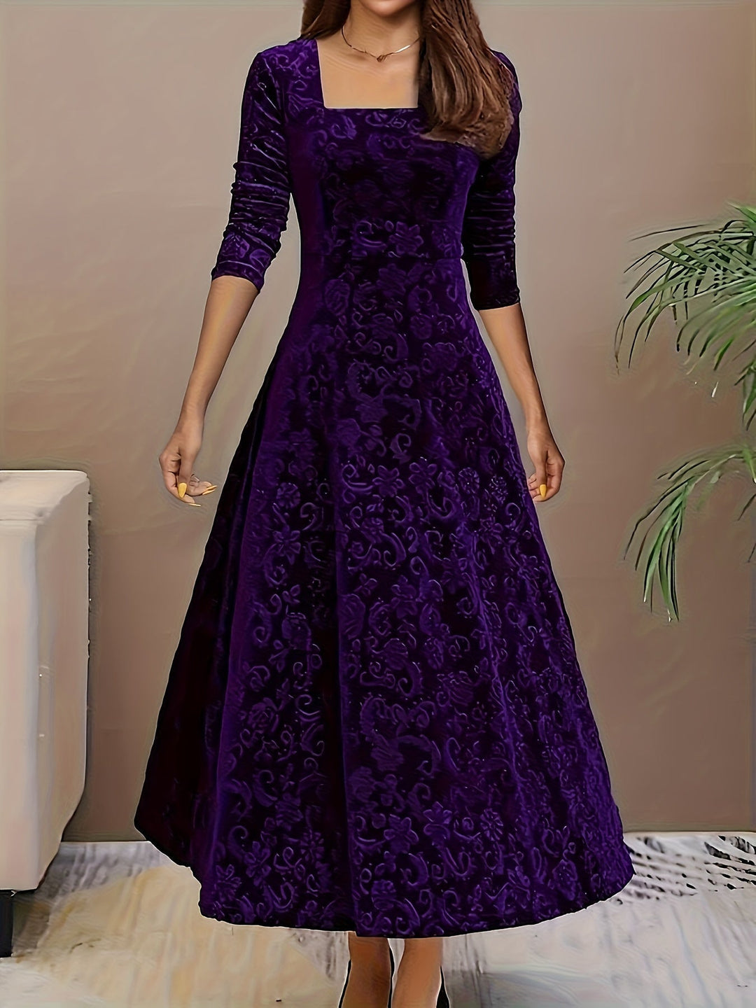 Sophisticated women's velvet midi dress with a beautiful floral print and elegant 3/4 length sleeves.