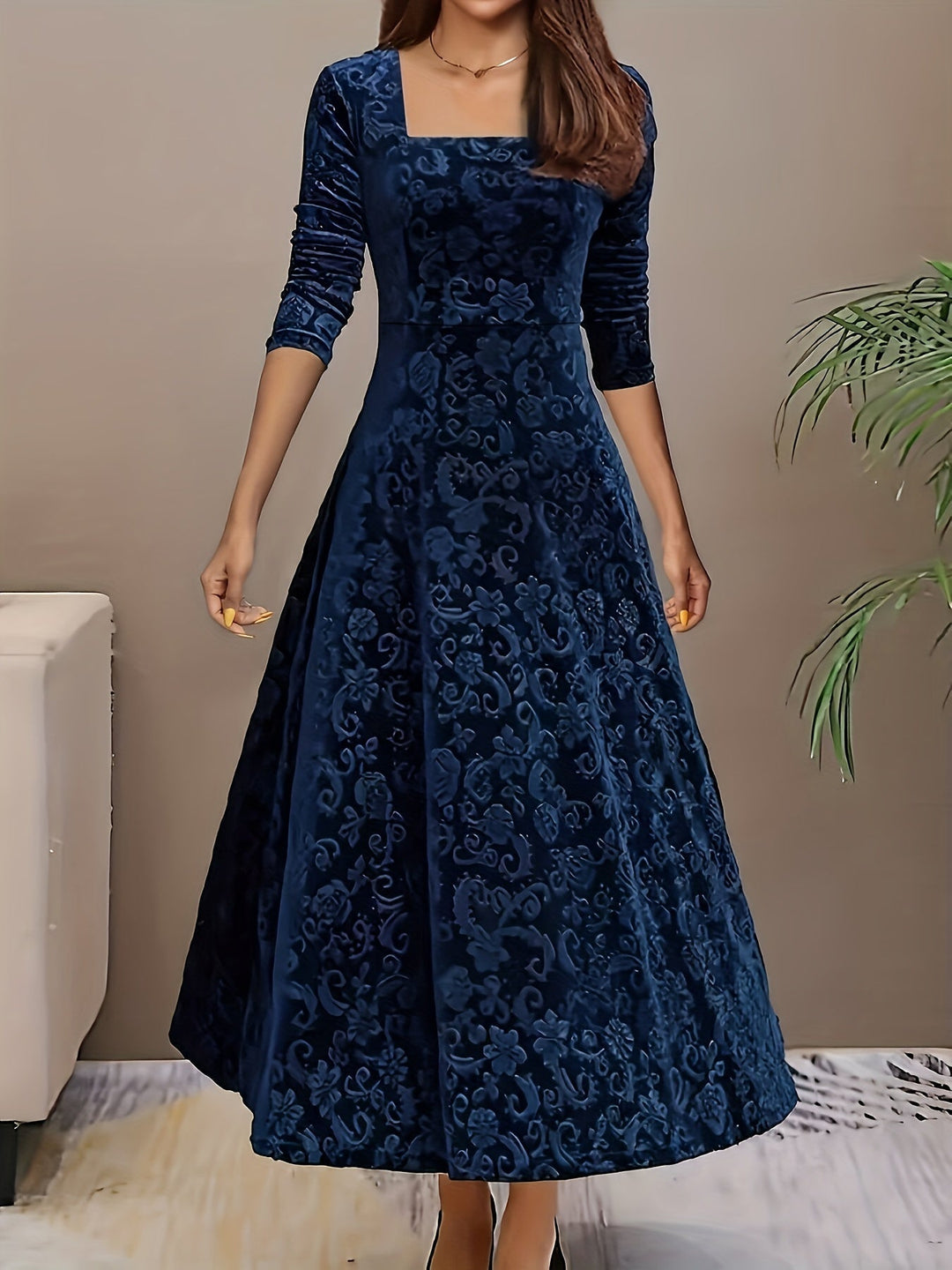Formal women's floral velvet midi dress, 3/4 sleeves, a chic choice for an evening gown or special event.