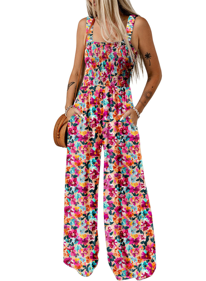 Elegant women's floral wide-leg jumpsuit, perfect for spring casual wear or daytime outfits.
