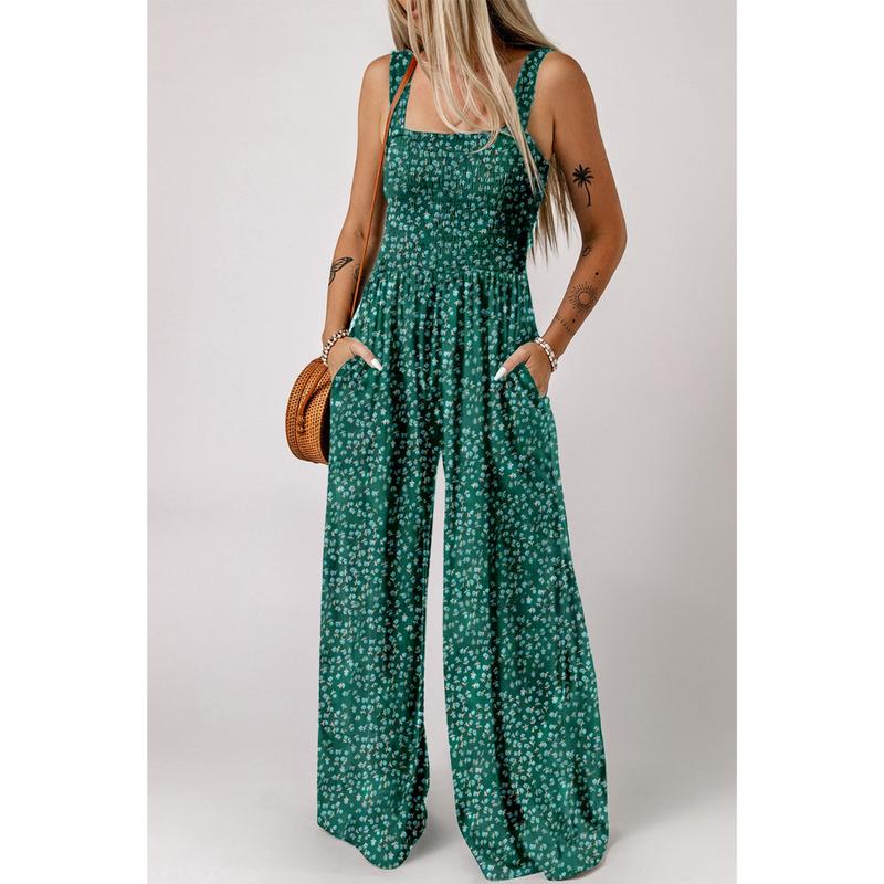 Back view of women's floral wide-leg jumpsuit, highlighting its elegant spring fashion design.