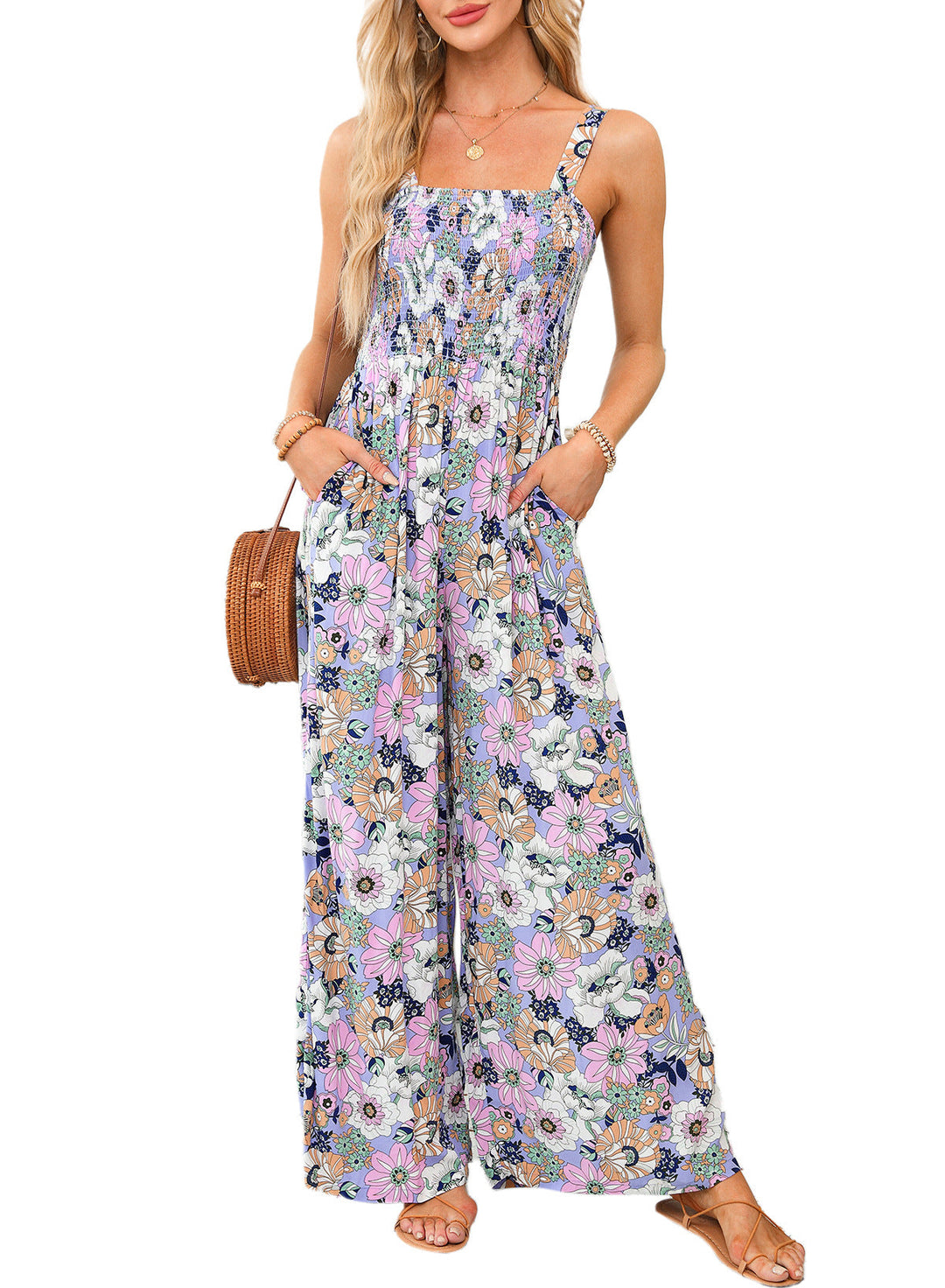 Women's spring floral print wide-leg jumpsuit, a comfortable and elegant one-piece outfit.