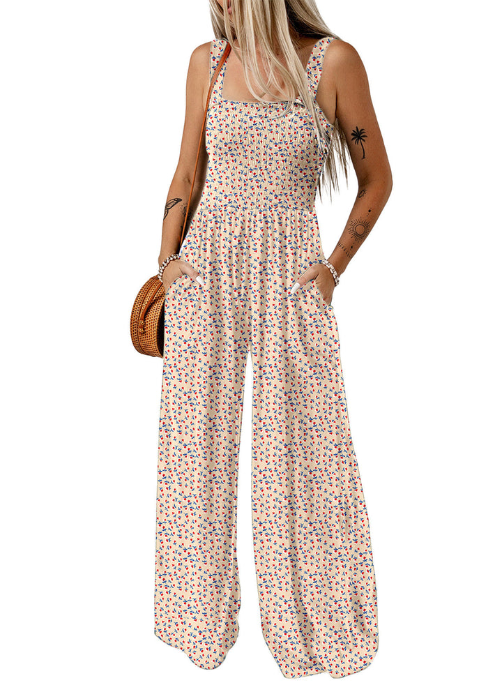 Comfortable women's floral jumpsuit, a versatile wide-leg design for spring and casual wear.