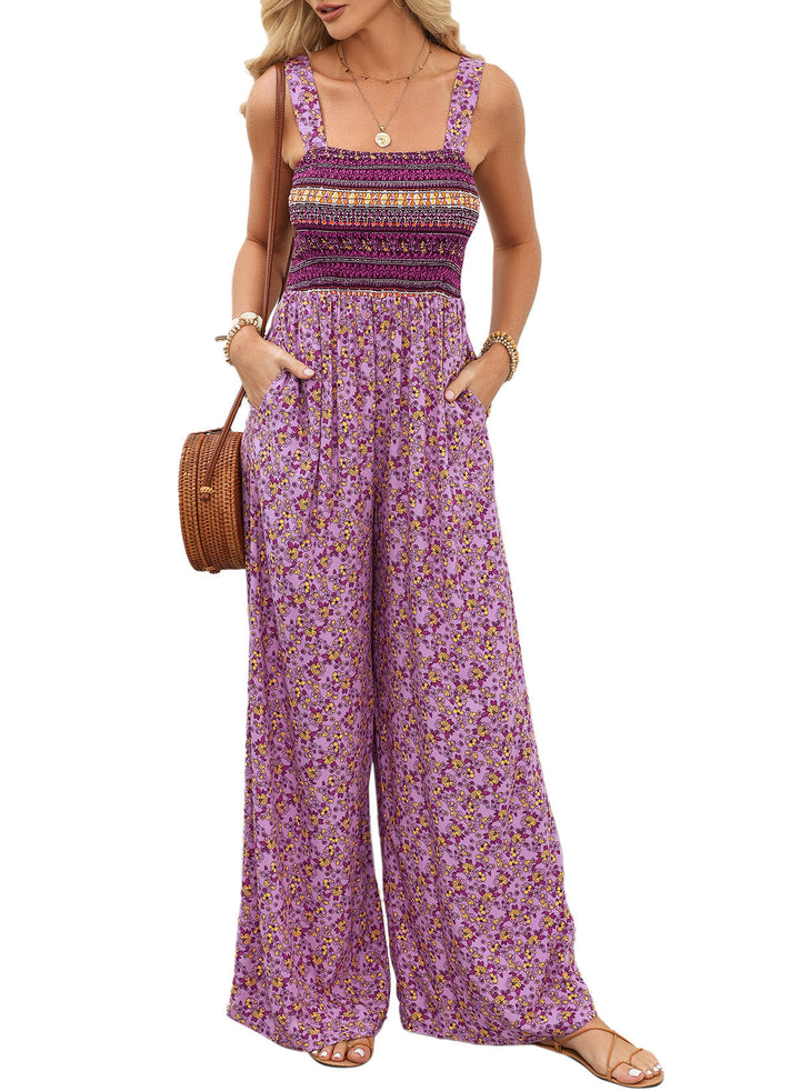 Elegant women's spring jumpsuit featuring a vibrant floral pattern and wide legs.