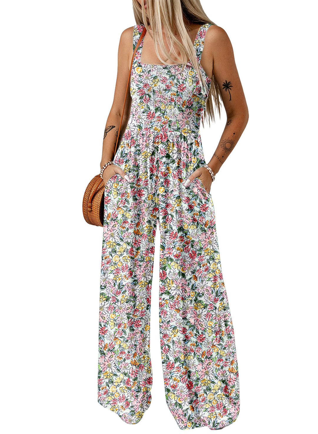 Daytime outfit: A women's elegant floral wide-leg jumpsuit, bringing spring fashion to life.