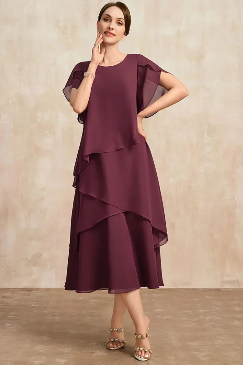 Classic women's midi dress in elegant flowy chiffon with tiered design, summer fashion
