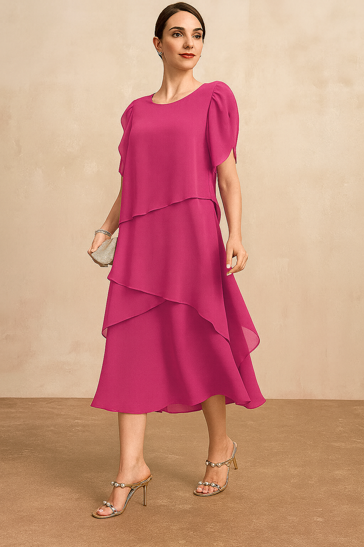 Women's classic tiered midi dress in light and flowy chiffon, ideal for elegant summer style