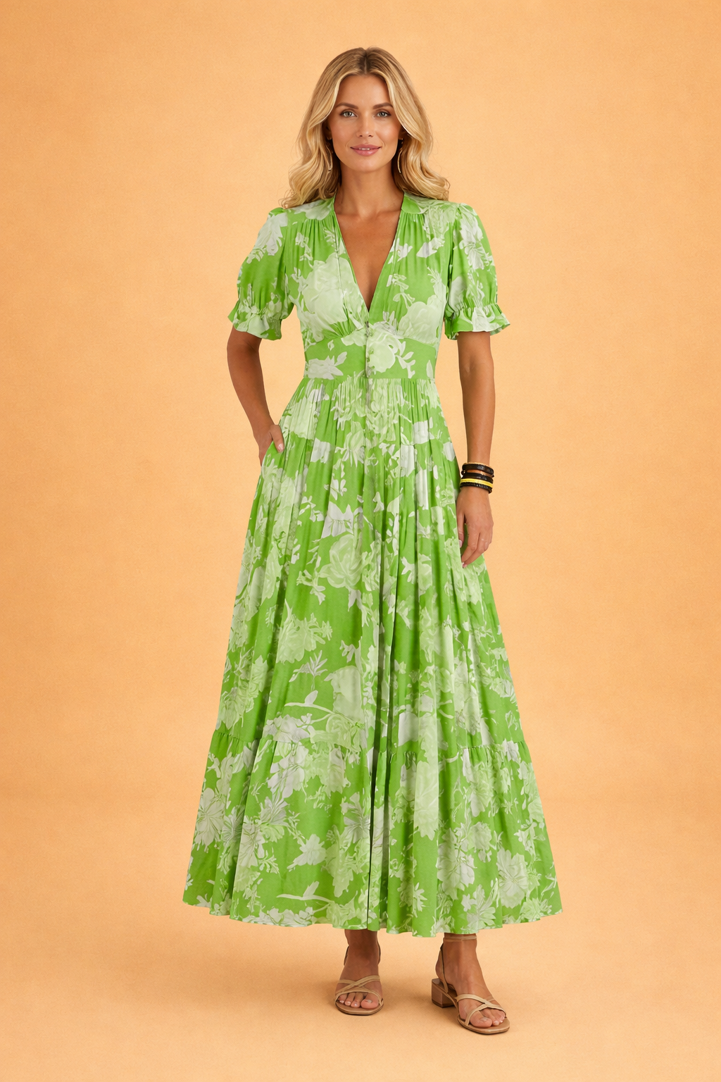 Elegant women's flowy floral maxi dress with V-neck, perfect for summer fashion & casual wear.