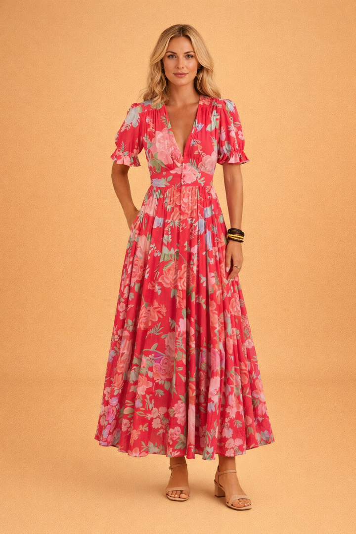 Comfortable flowy floral maxi dress for women, featuring an elegant V-neck. Ideal for beach & vacation.