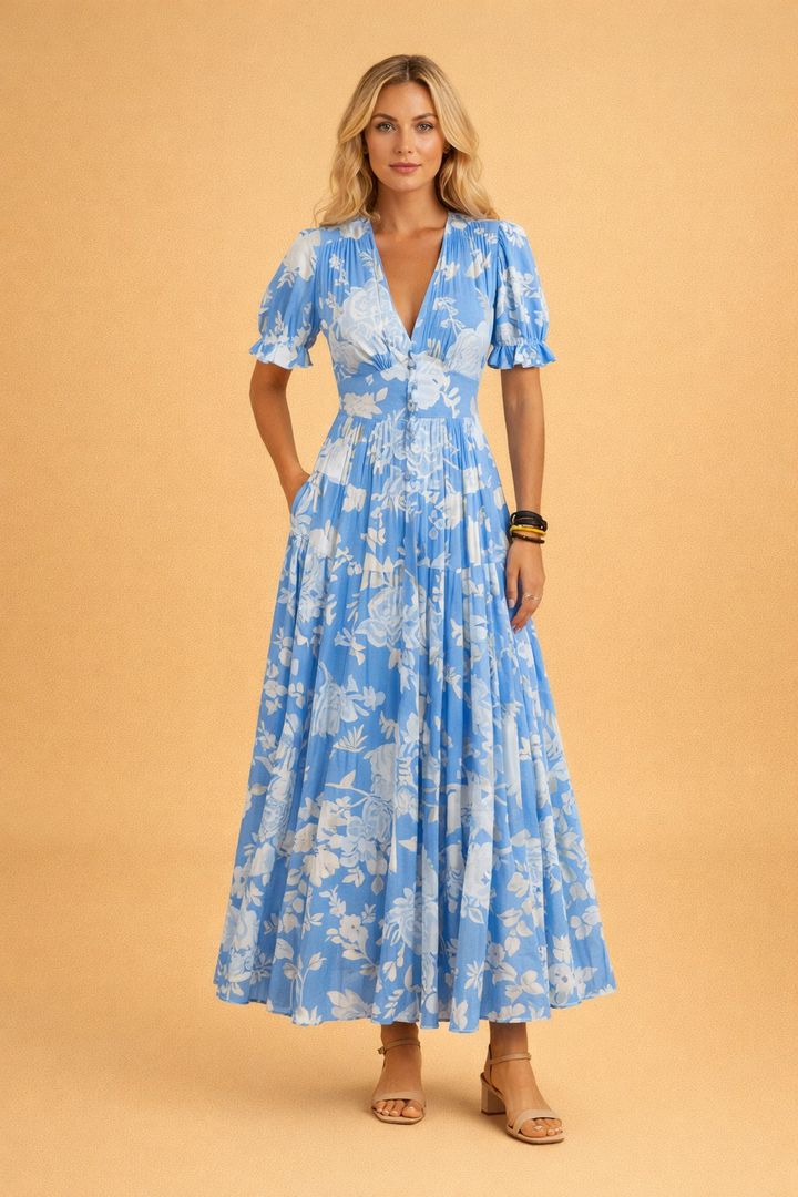 Boho style women's floral maxi dress with V-neck. A perfect flowy sun dress for summer vacation.
