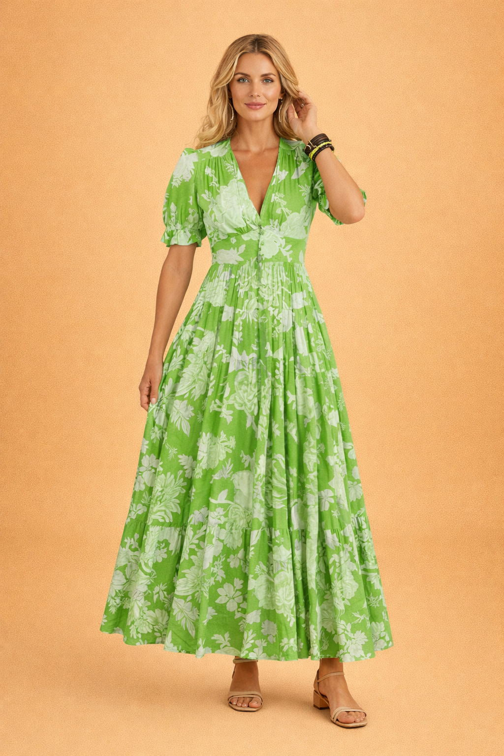 Beautiful women's floral maxi dress, flowy and elegant with a V-neck, great for summer parties.