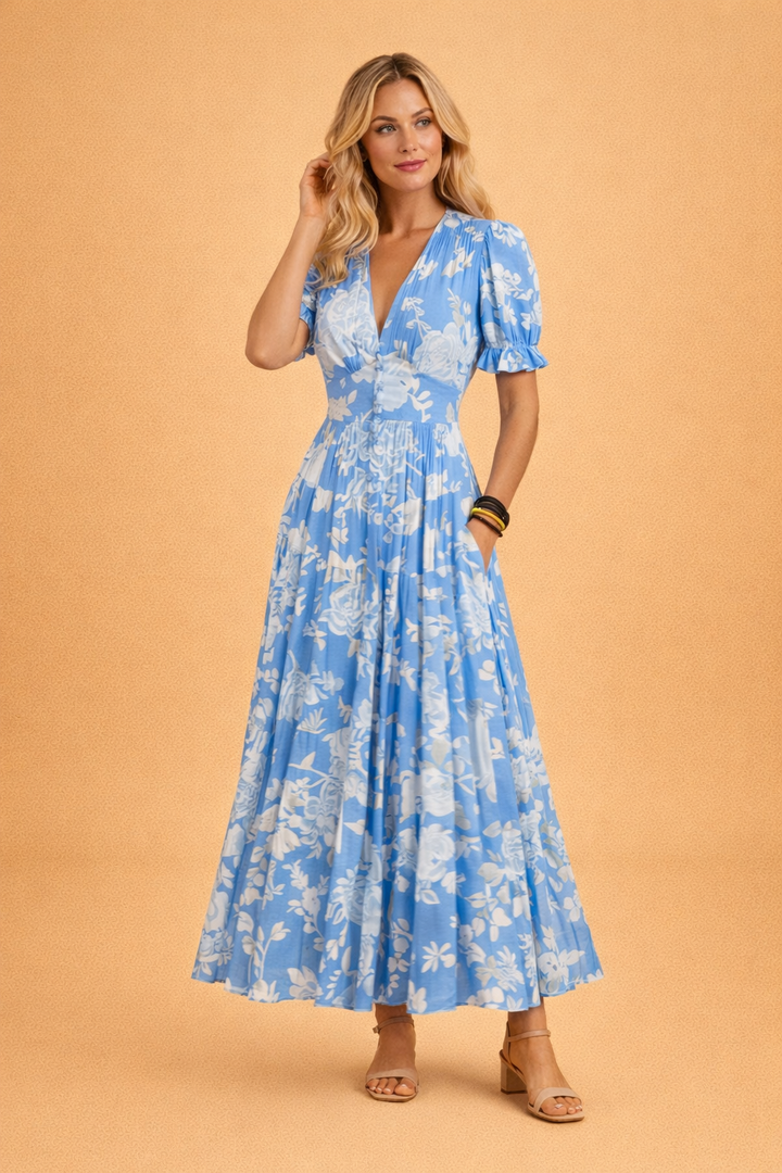 Versatile women's flowy floral V-neck maxi dress, a long elegant design for casual or beachwear.