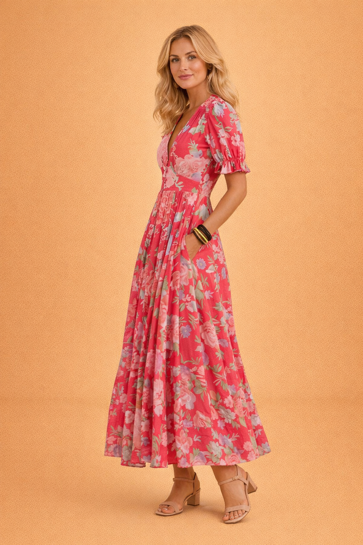 Long flowy floral maxi dress for women, an elegant V-neck design perfect for summer and vacation outfits.