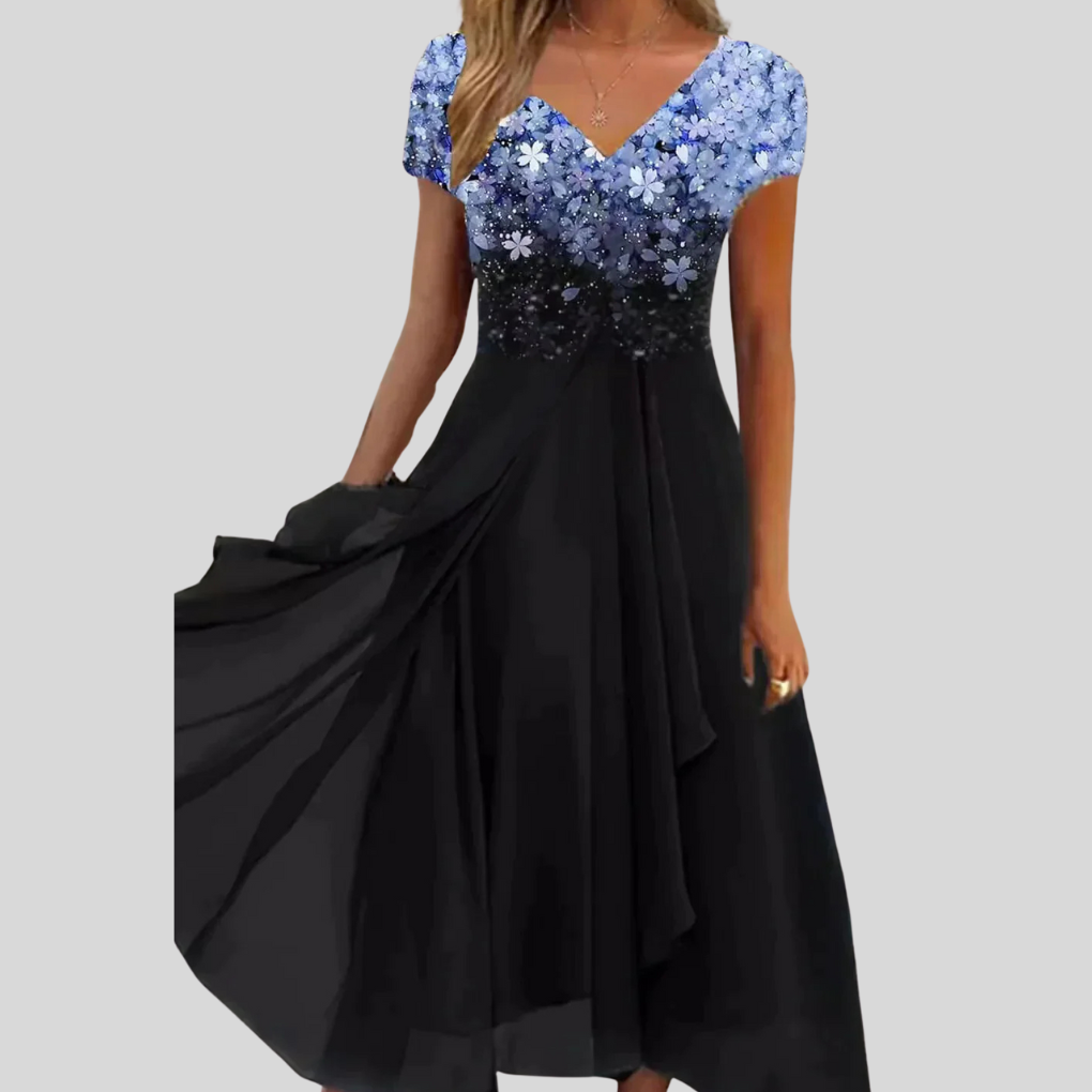 Elegant women's flowy maxi dress in a soft, formal, and modest style, perfect for parties.