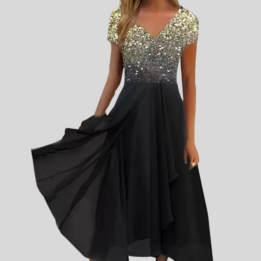 Modest women's maxi dress, elegantly designed with flowy fabric, suitable for parties and events.