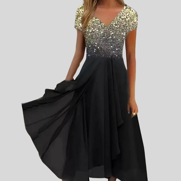 Modest women's maxi dress, elegantly designed with flowy fabric, suitable for parties and events.