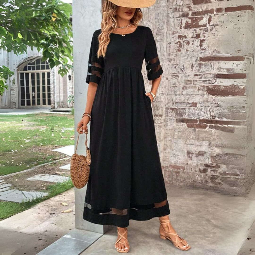 Elegant women's flowy maxi dress in cotton blend, perfect for spring summer casual wear.