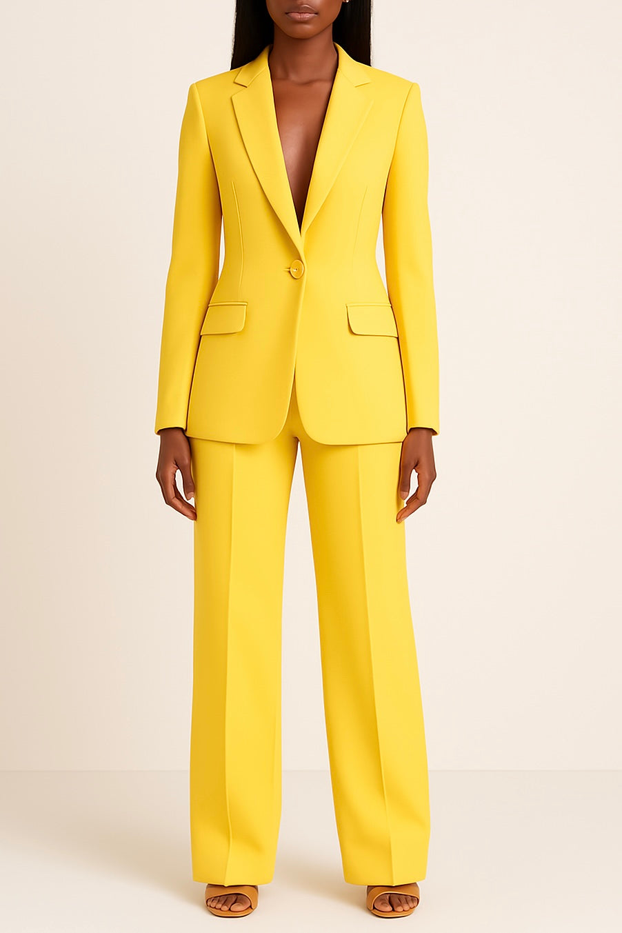 Elegant women's formal suit set with long blazer, offering a sophisticated slim fit.