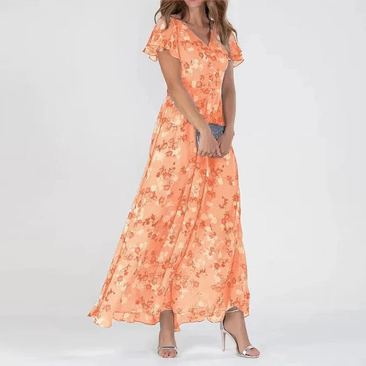 Elegant women's glamorous maxi dress, perfect for summer parties or vacation wear, flowy silhouette.