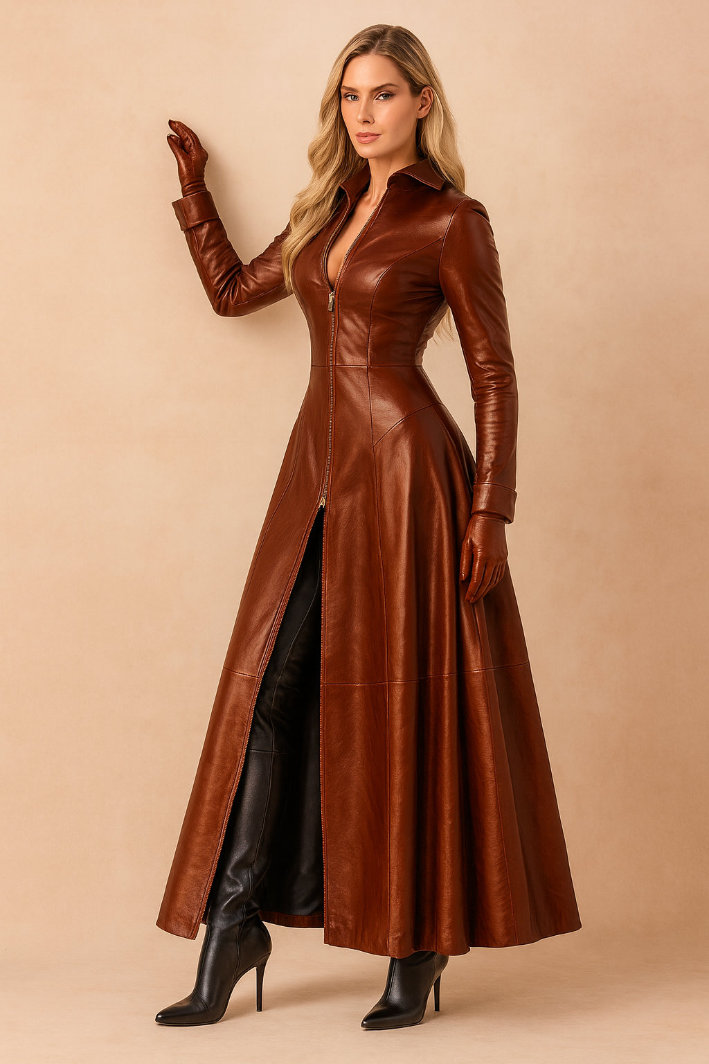 Luxurious long gothic winter coat for women, featuring a stylish hood. Ideal elegant dark fashion outerwear for cold weather.