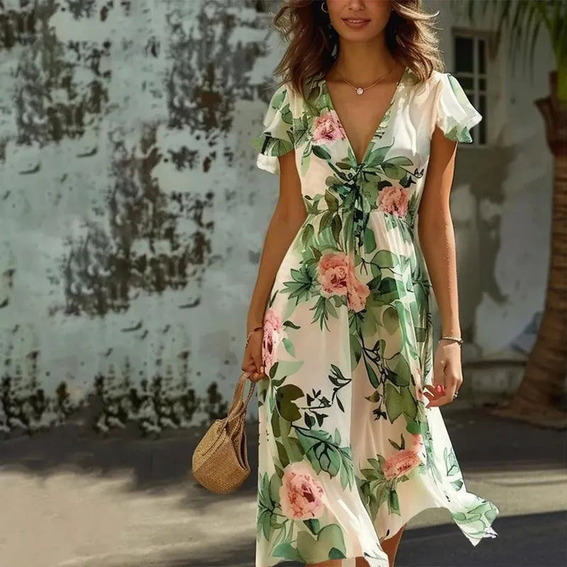 Elegant women's green floral midi dress with flowy A-line skirt, V-neck, and flutter sleeves, perfect for summer occasions.