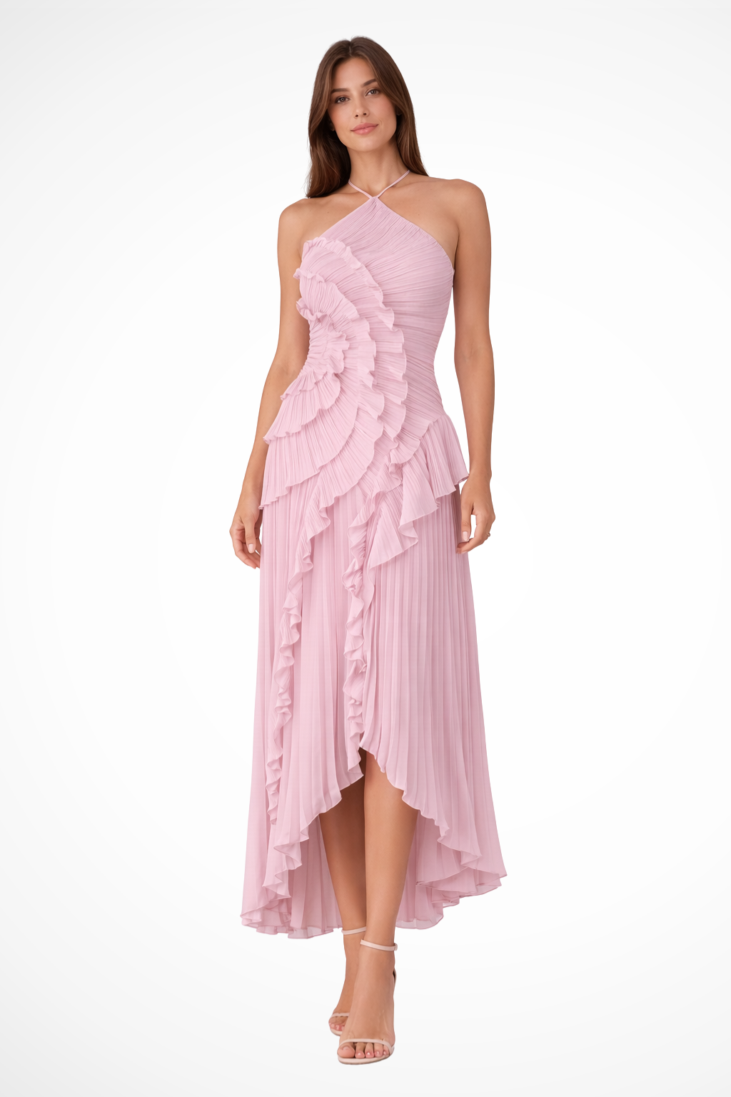 Elegant women's halter backless ruffled maxi dress, perfect for summer wedding guests or parties.