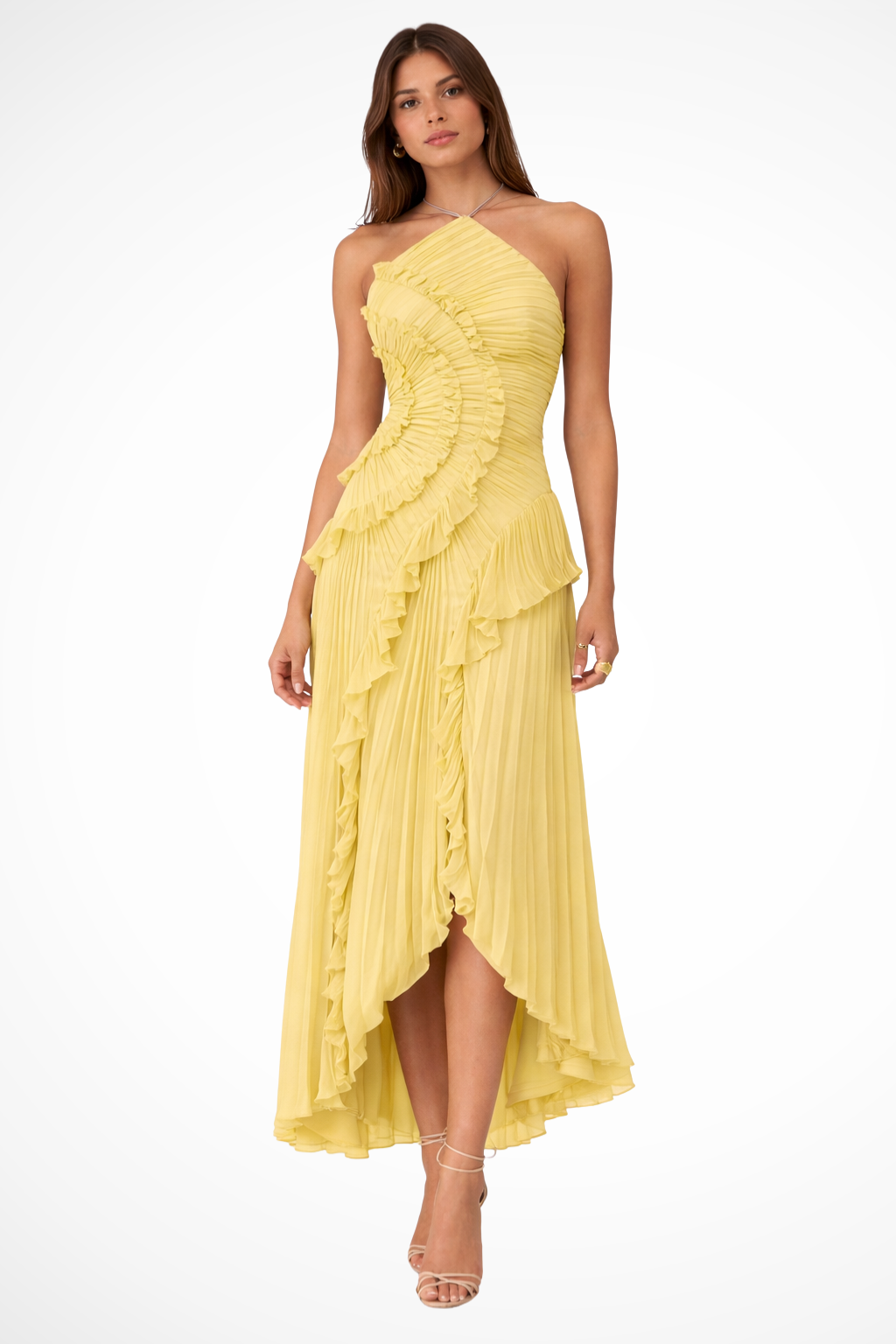 Stylish halter neck, backless ruffled maxi dress for women, ideal for summer occasions.