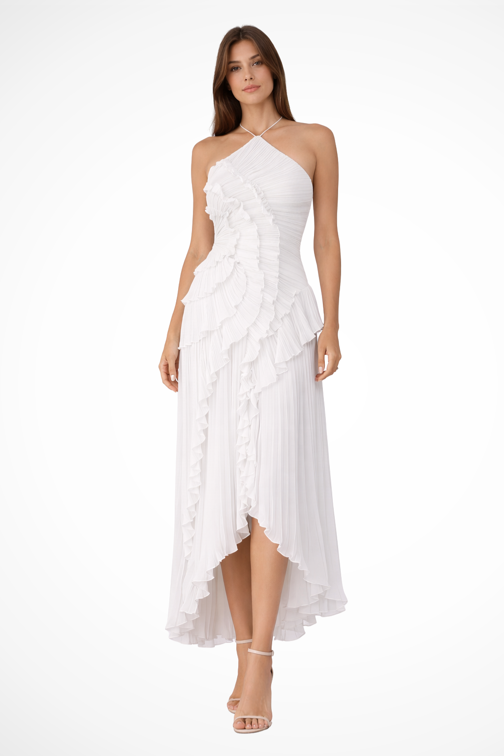 Beautiful summer maxi dress with halter neck and backless design, a ruffled elegant choice for wedding guests.